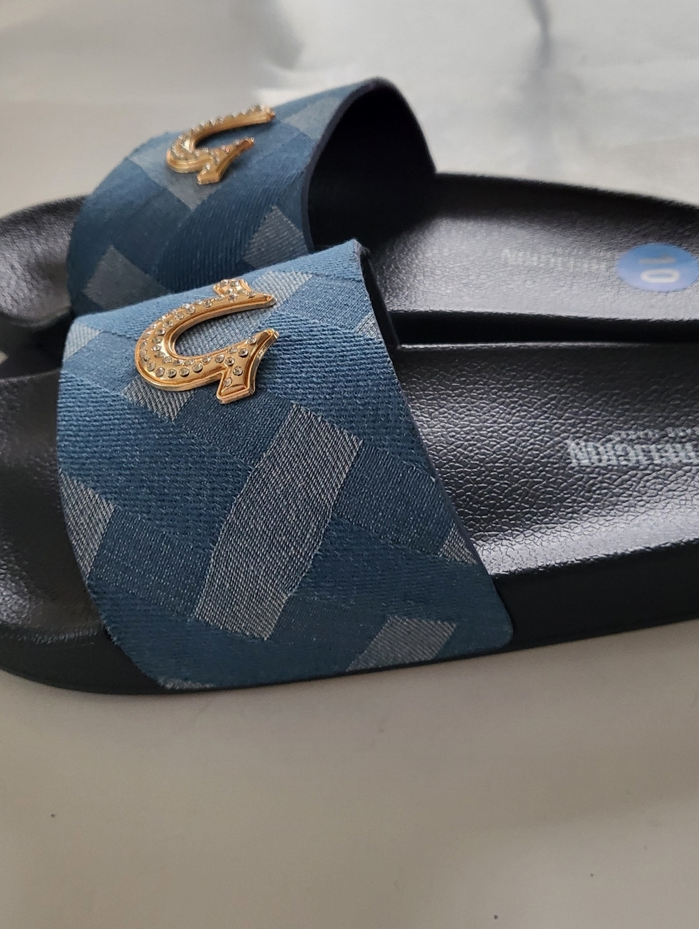 True Religion Denim slides Rhinestone Logo Womens Size 8 10 Blue - Picture 4 of 5